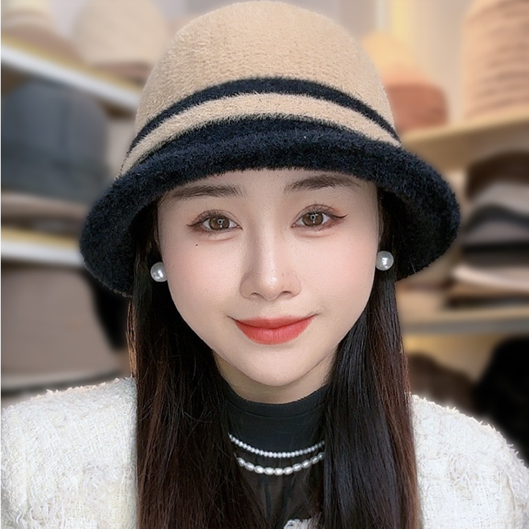 百搭拼色帽子女冬款保暖水貂毛护耳毛绒洋气百搭妈妈盆帽渔夫帽