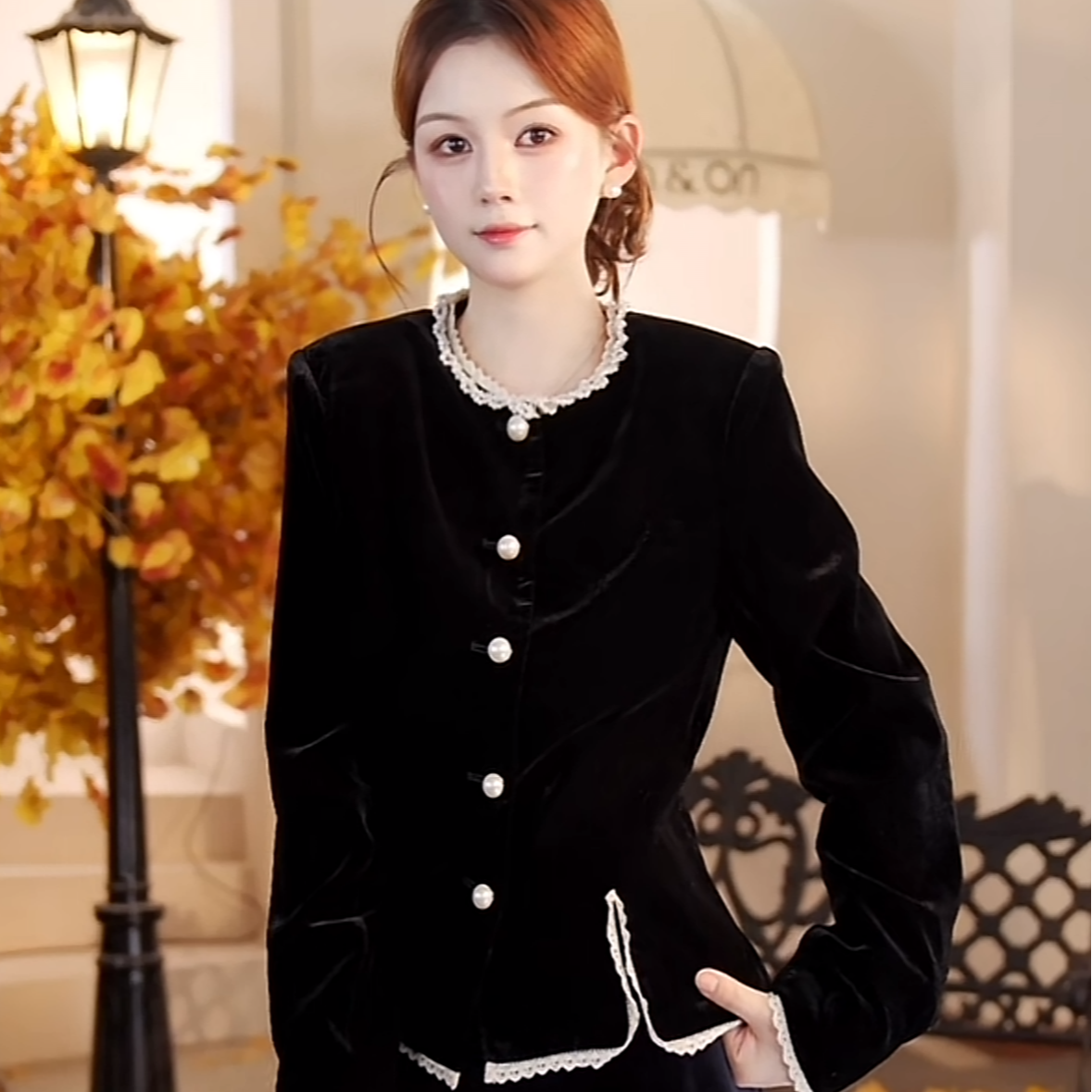 ON&ON/安乃安秋冬韩系手工钉珠蕾丝拼接撞色丝绒外套NNWW5215501