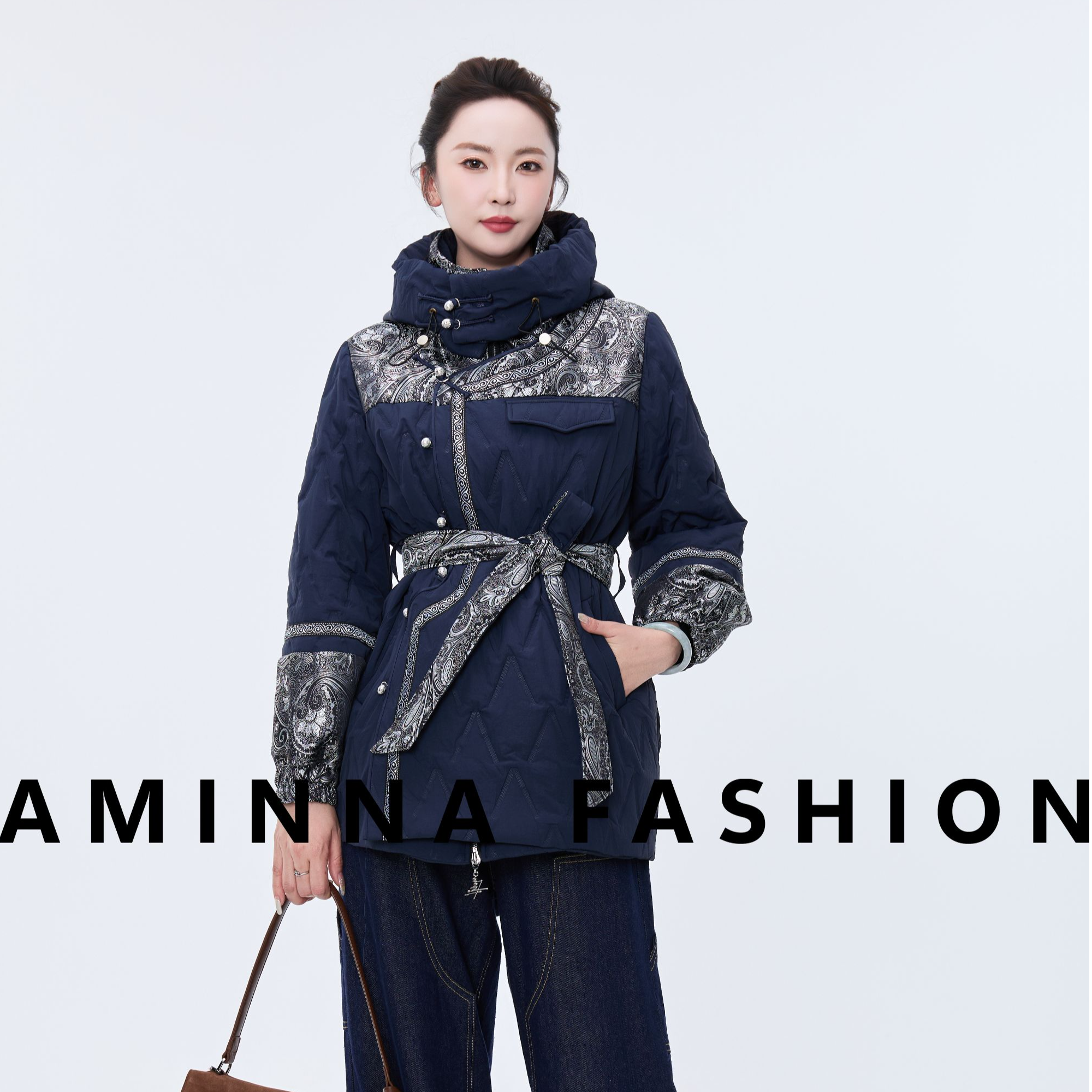 【阿泯娜新款】民族风拼接立领棉服女 保暖复古棉衣外套57542DM02