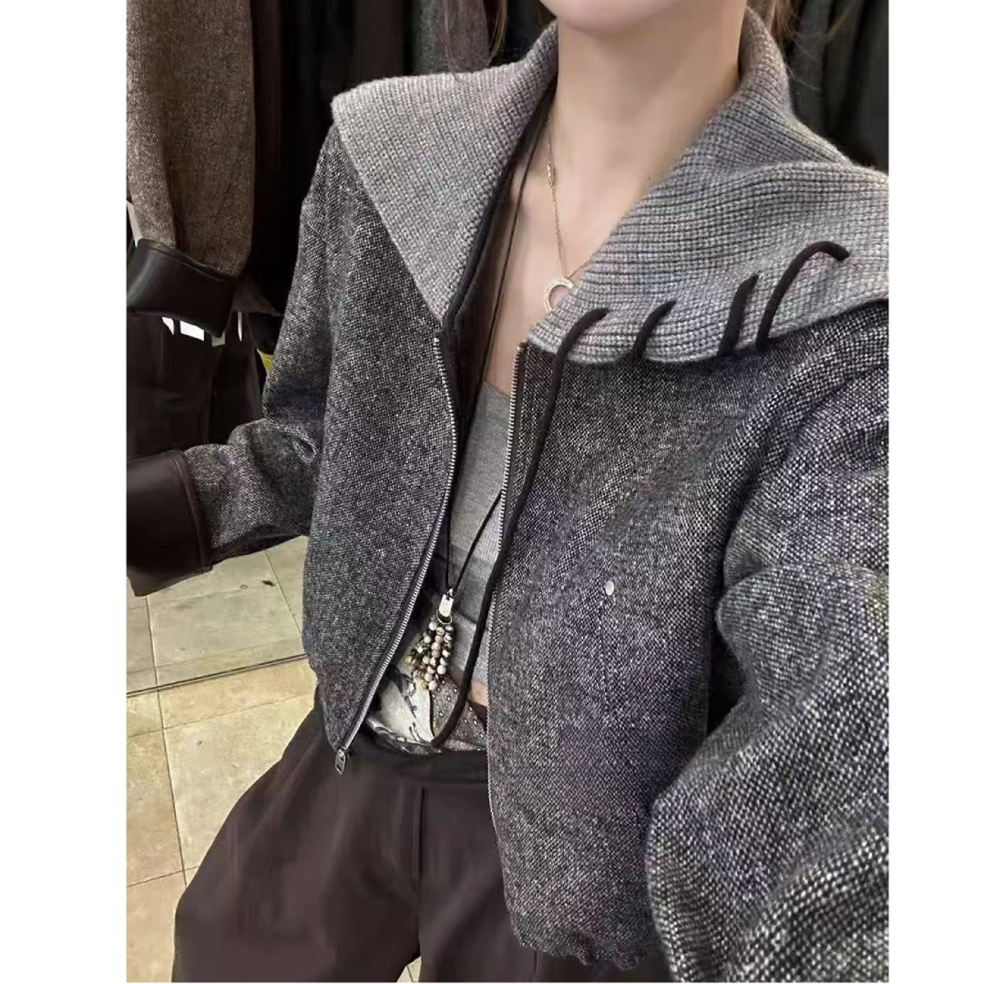 【锦衣服饰】FS 3690韩系撞色针织大翻领拼接短外套