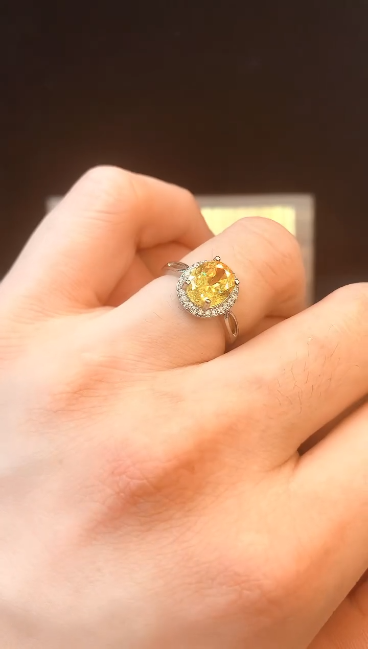 黄晶戒指银S925镶嵌高温优化/合成氧化锆石