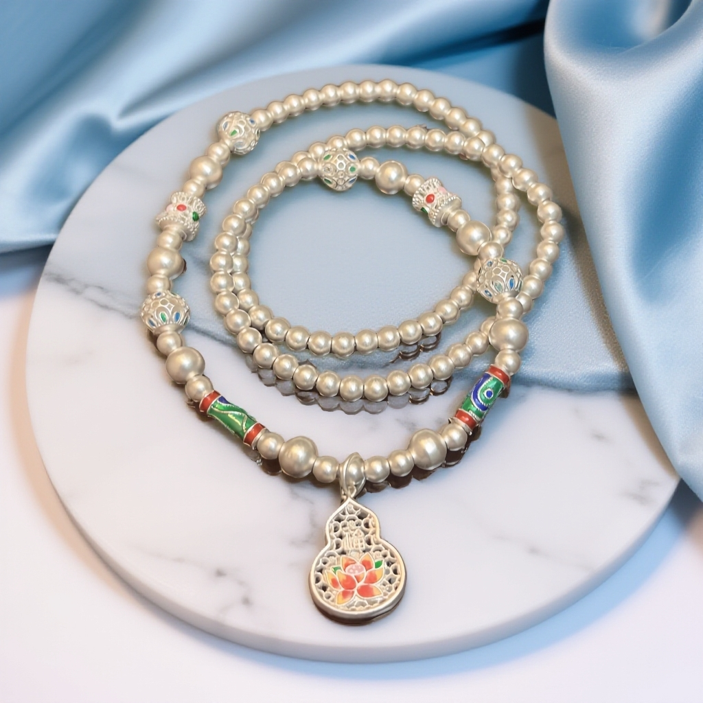 999.9银珐琅彩葫芦吊坠毛衣链三圈手链