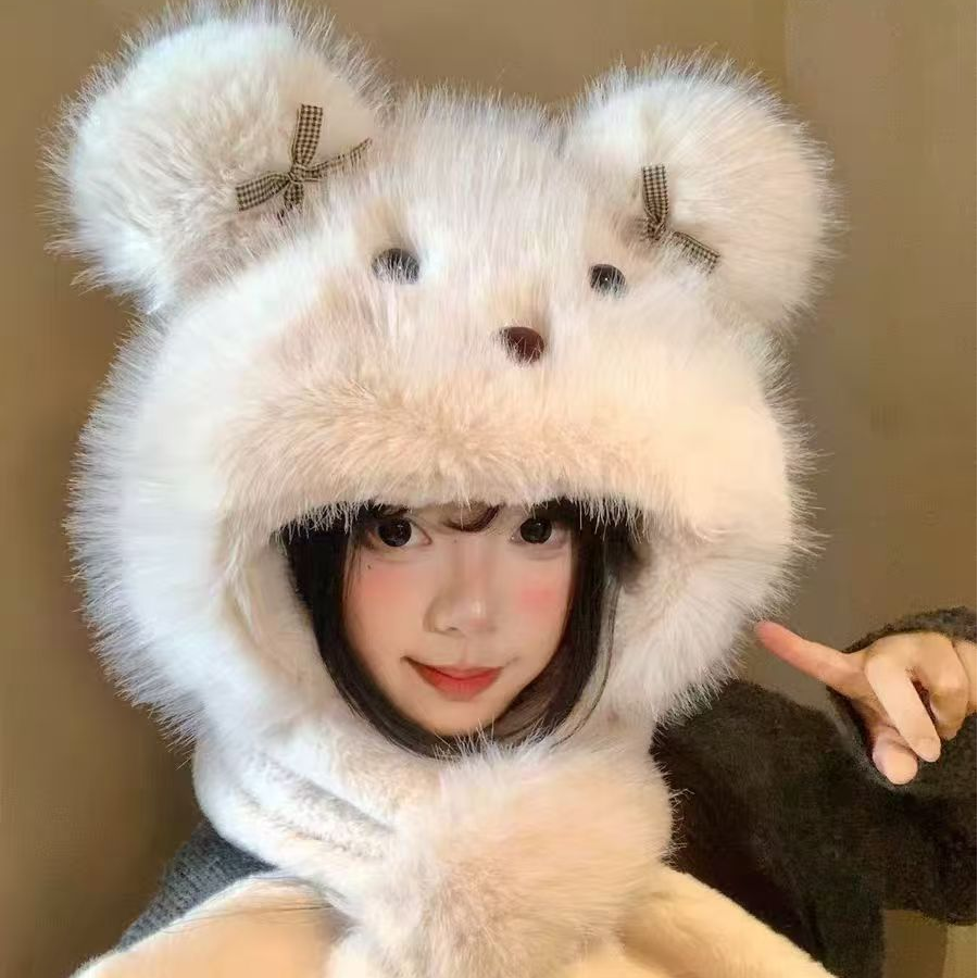 蝴蝶结耳朵会动冬季公主风无檐帽子百搭毛绒绒亲子加绒加厚防风