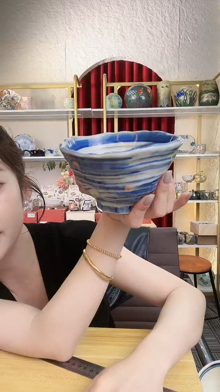 盘蓝狐烧13.5cm斗笠碗一个