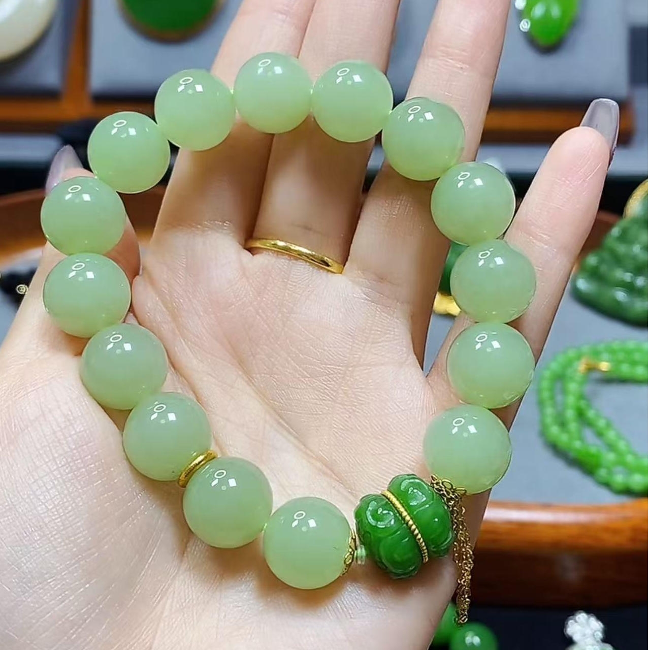 18k金和田玉翠青DIY单圈手串