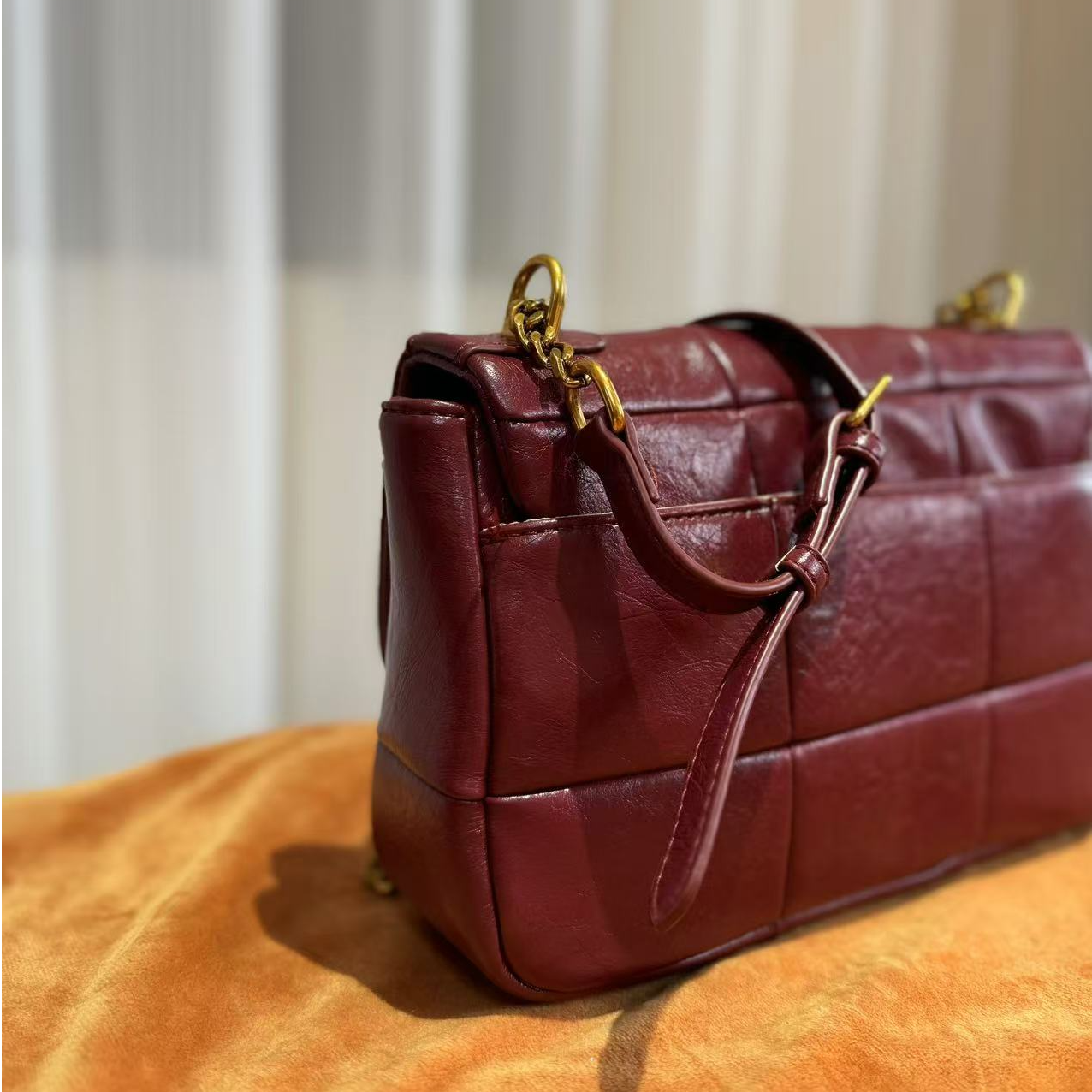 HIRMRIS手工真皮包550578-红 方格阳红色