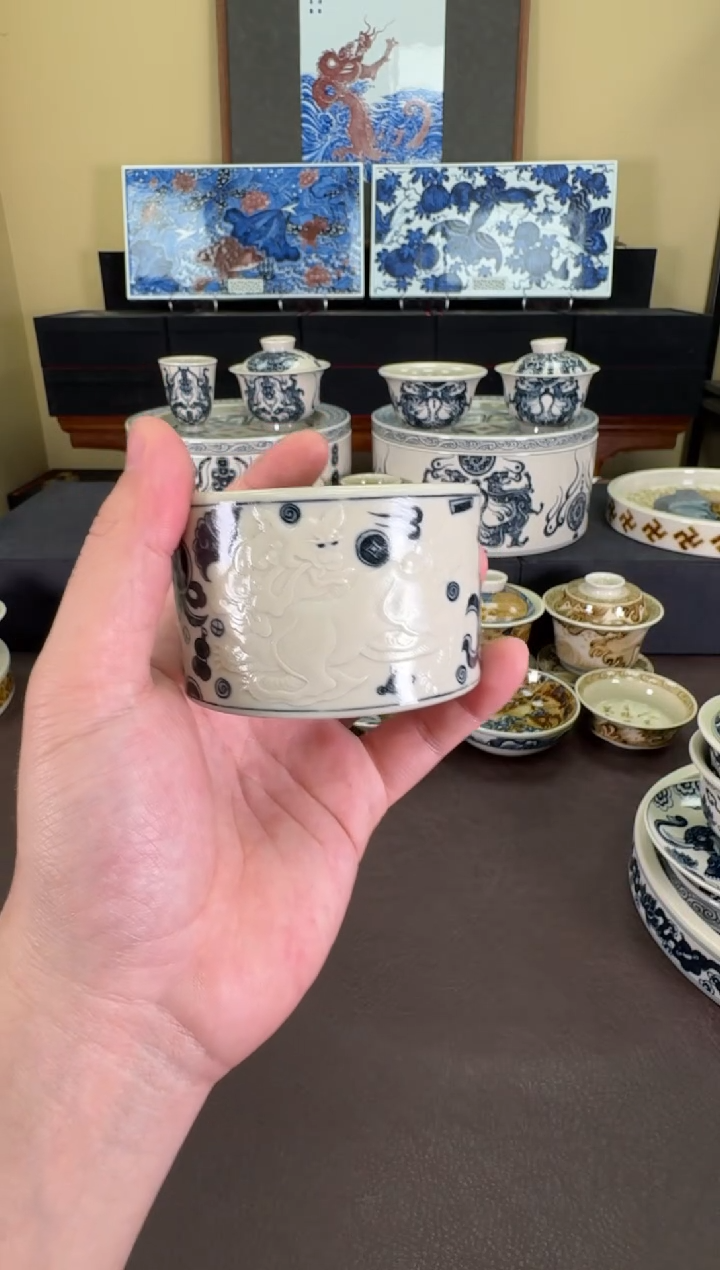 【闪购商品】二号釉阳雕狮子扳指杯