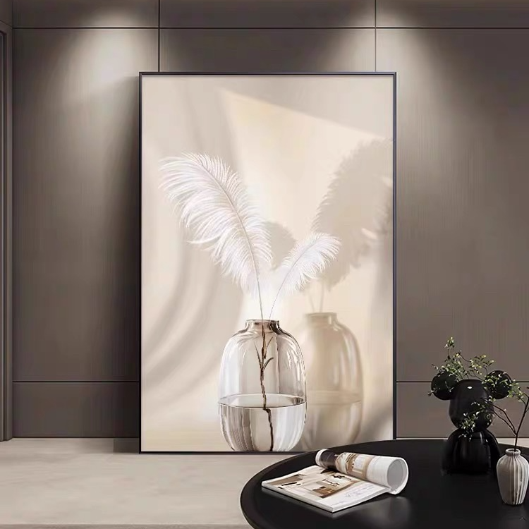 X175诧侘寂风玄关客厅沙发背景墙落地画书房轻奢羽毛瓶子轻奢壁画