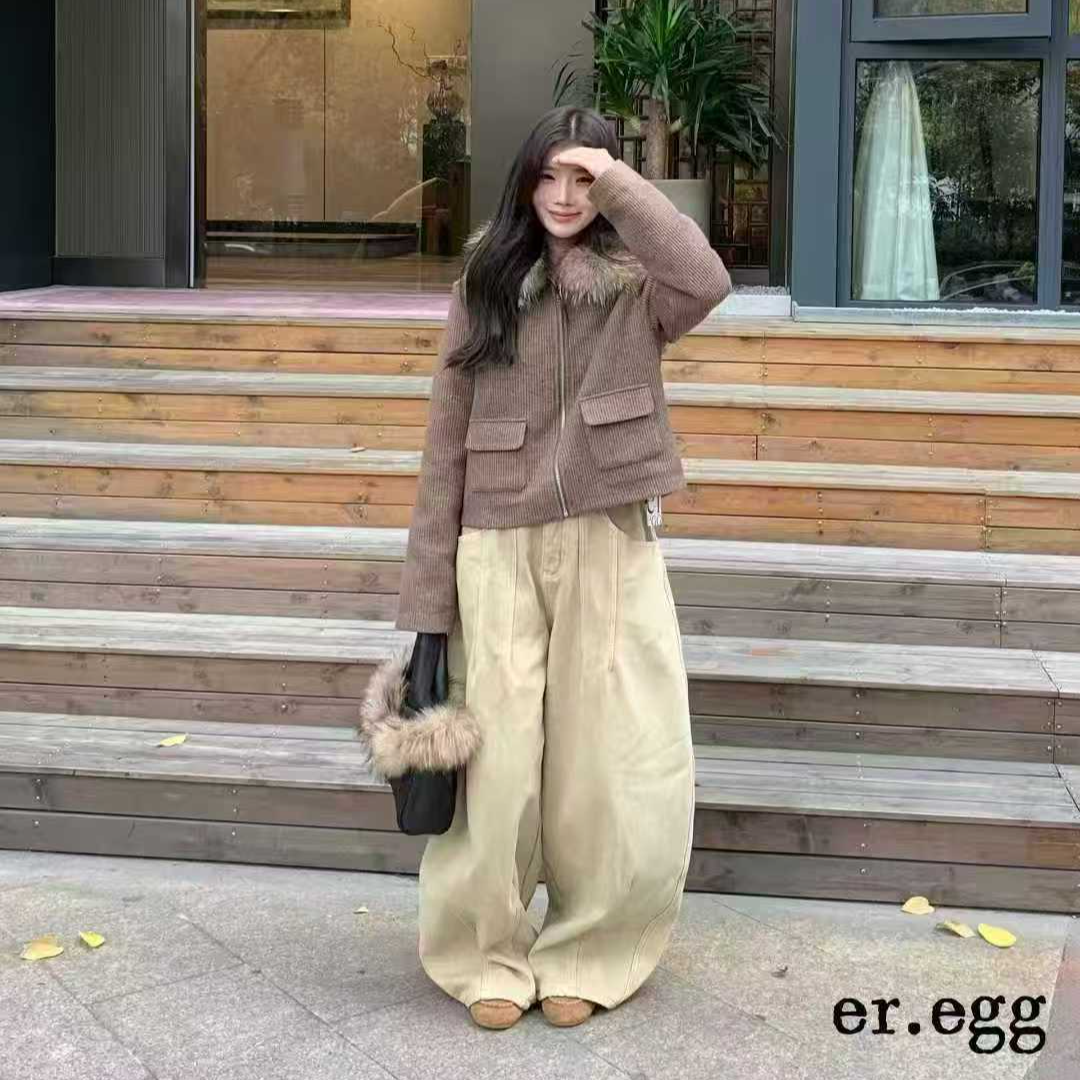 25275老钱欧尼 复古真毛领羽绒口袋短款外套