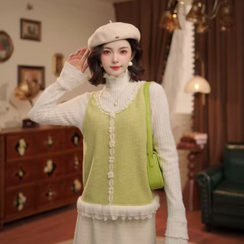 敏恩【抹茶奶盖】港风复古真两件宽松显瘦长袖百搭上衣WJ1689502