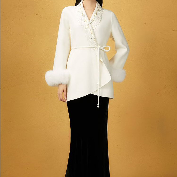 【歌颉】毛领毛呢外套女上衣宽松型镂空长袖中长款时尚dy077