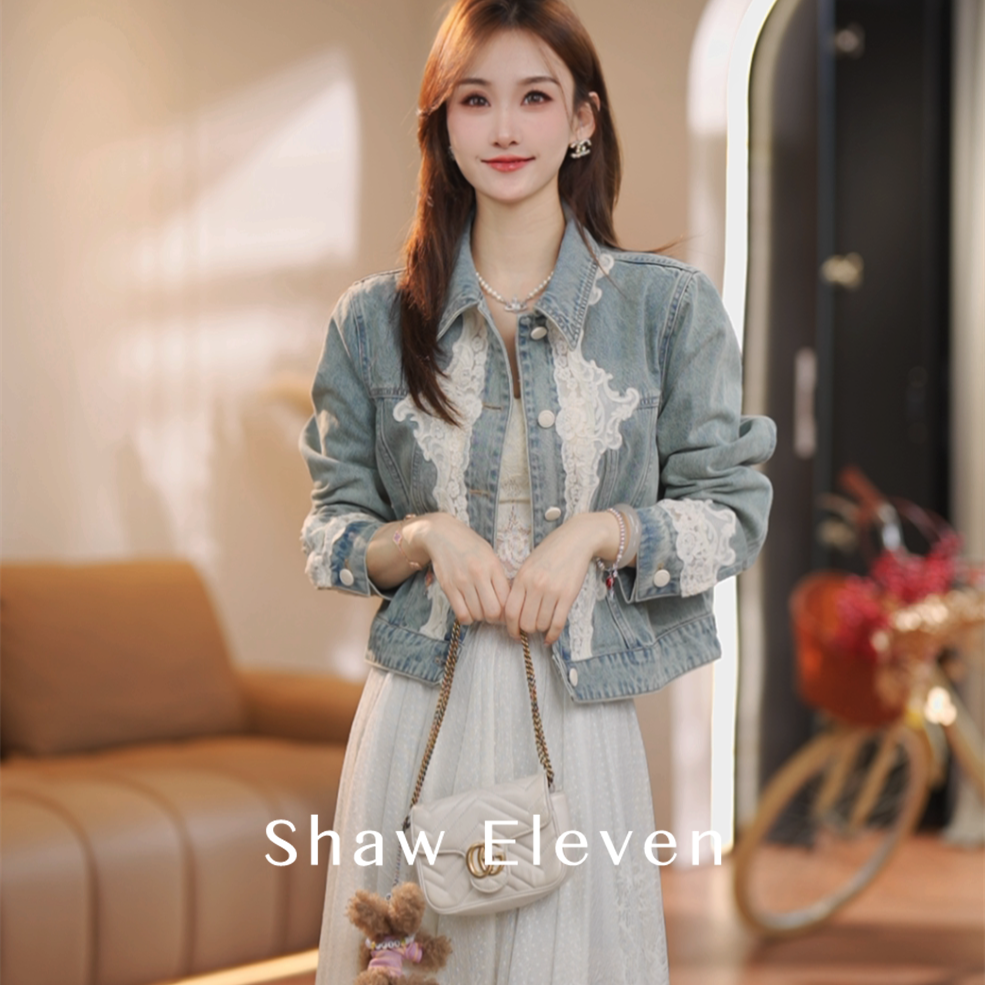 新款【Shaw Eleven】2025春款圆领法式蕾丝拼接牛仔外套