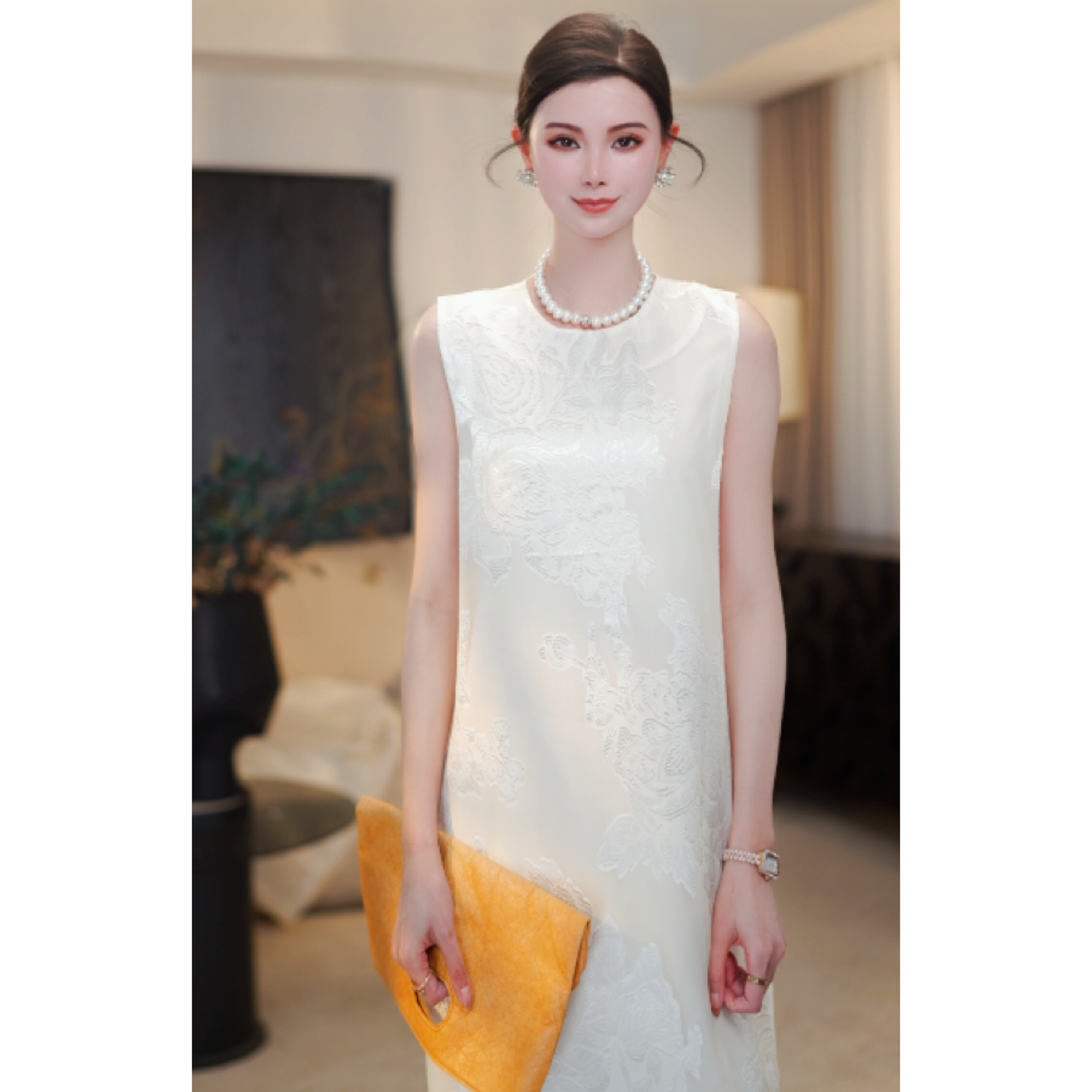 红人街头欧若风穿搭法式简约高级感设计感轻奢印花背心长裙yn349