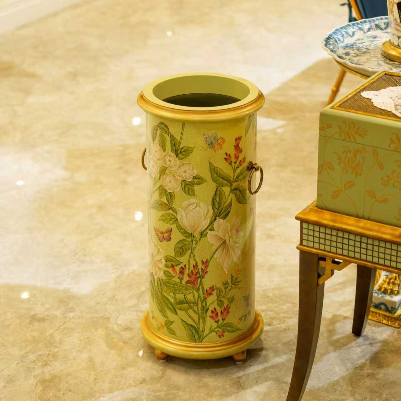 派力斯木质手绘艺术落地花器伞桶复古创意欧美风格客厅书房摆件