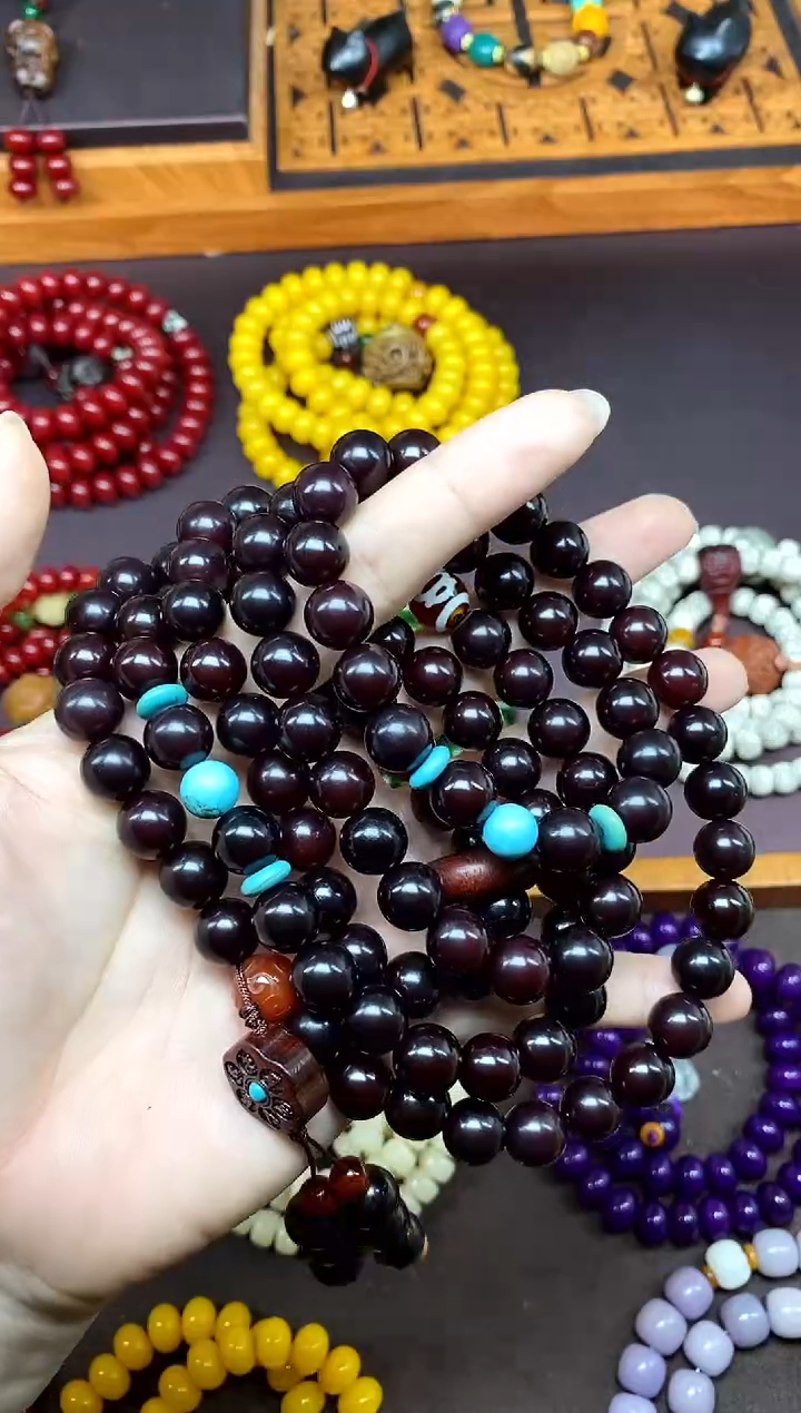 白玉菩提手串紫菩提多圈手串带檀木六字箴言吊坠