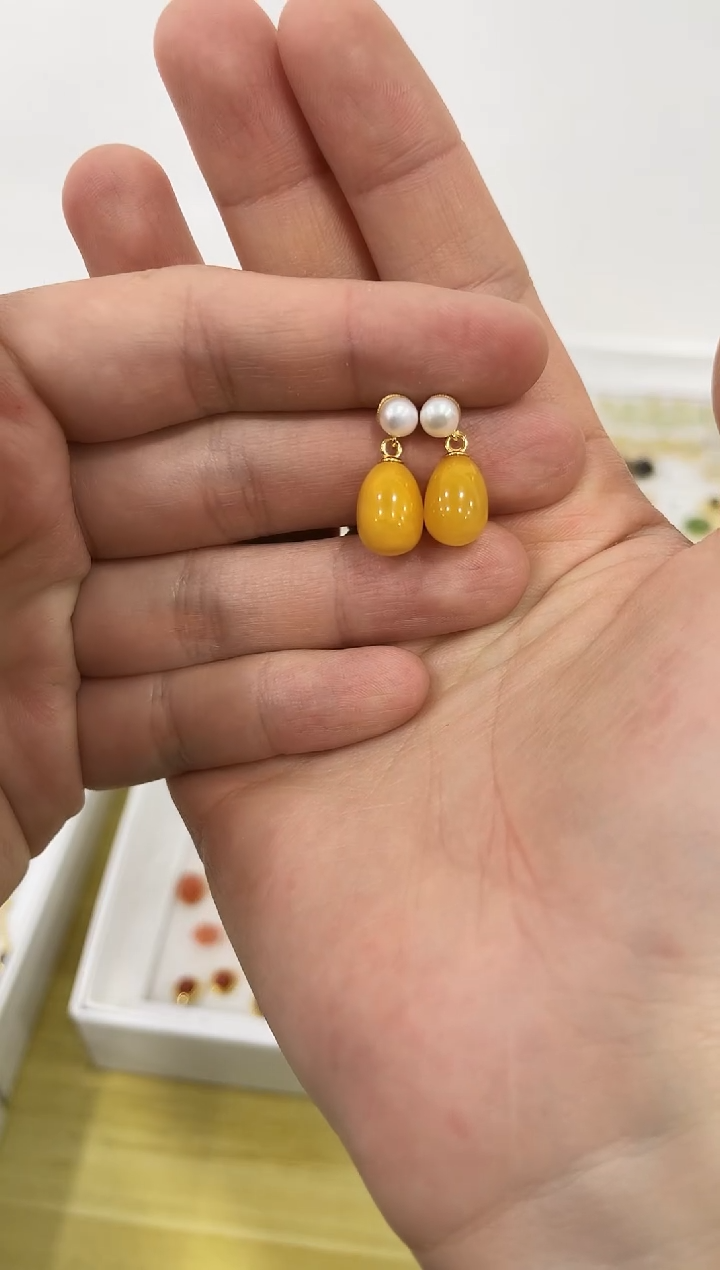 蜜蜡银S925镶嵌耳饰耳钉 06