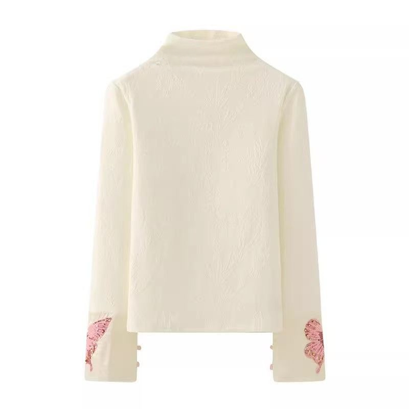 T恤（半高领蝴蝶）中国风宽松型印花新中式对襟提花上衣