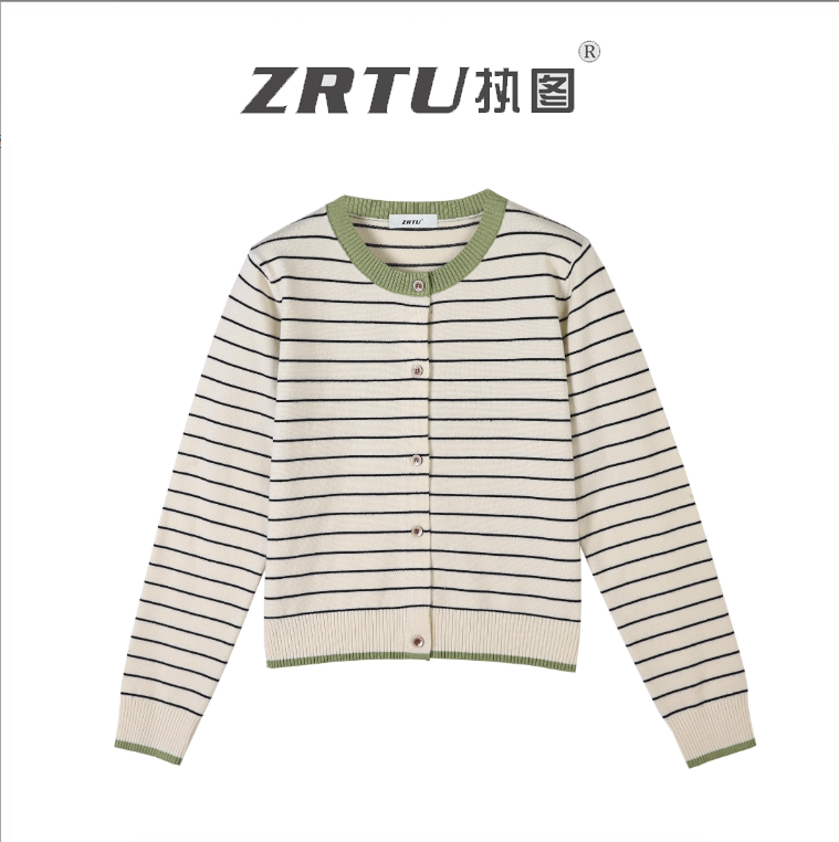 ZRTU执图女士撞色条纹宽松针织开衫女慵懒风毛衣外套