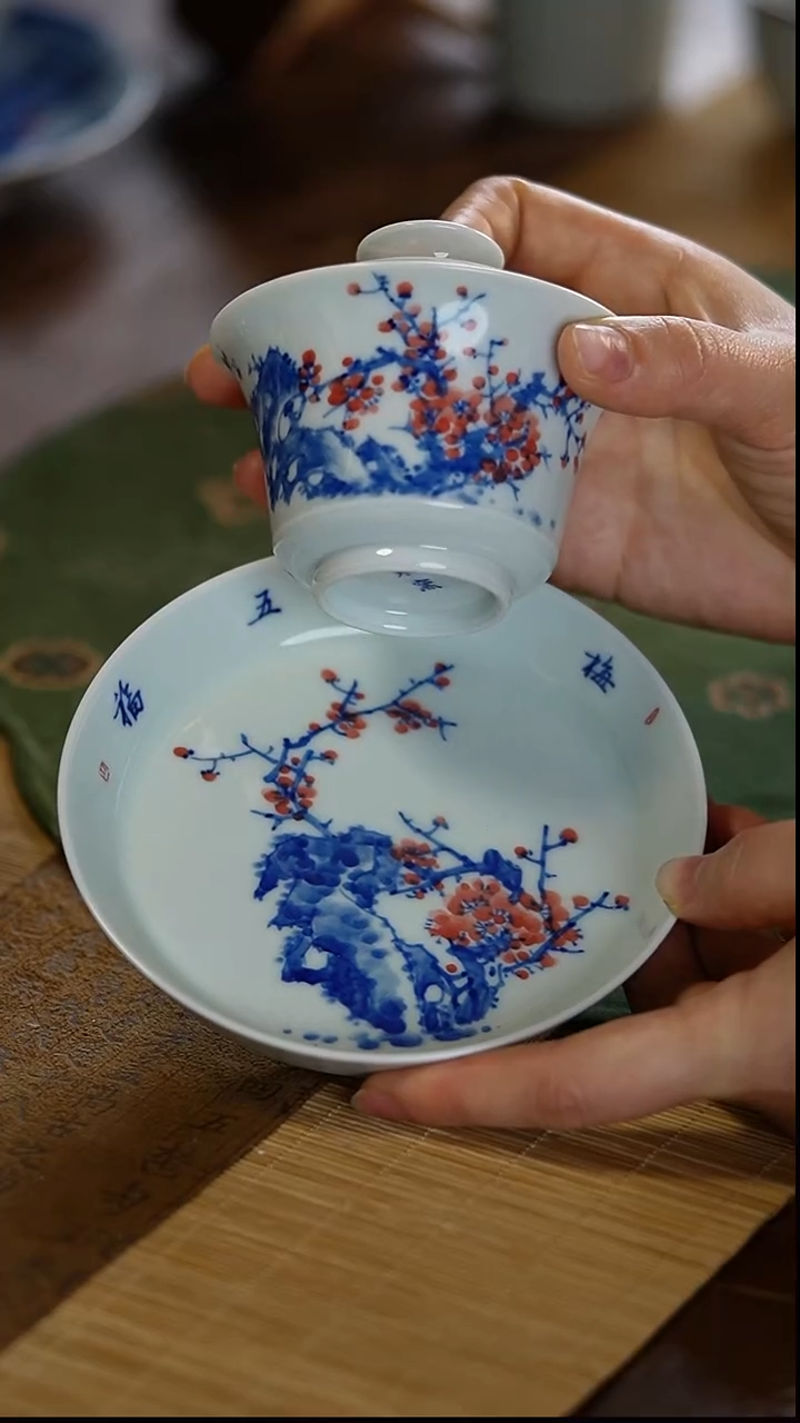 瓷景德镇陶瓷茶器梅花三才盖碗