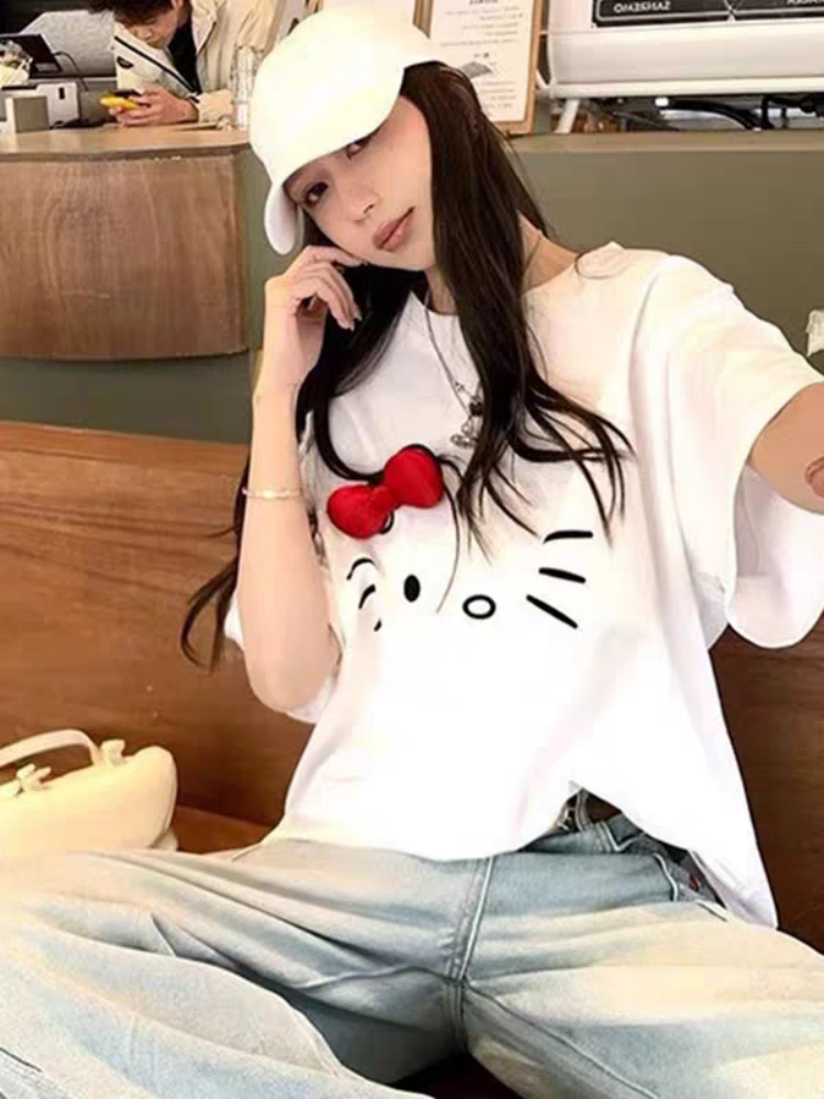 【济州岛】立体红色蝴蝶结设计kitty猫印花短袖