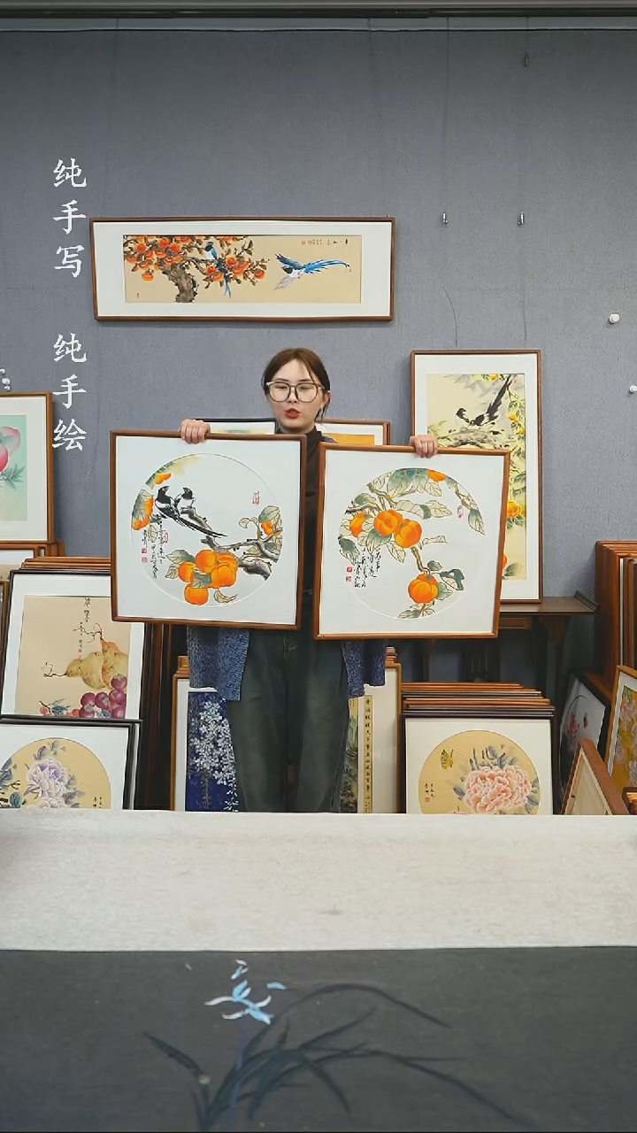 【闪购商品】国画刘玉学-手绘带框作品-52*52-两个