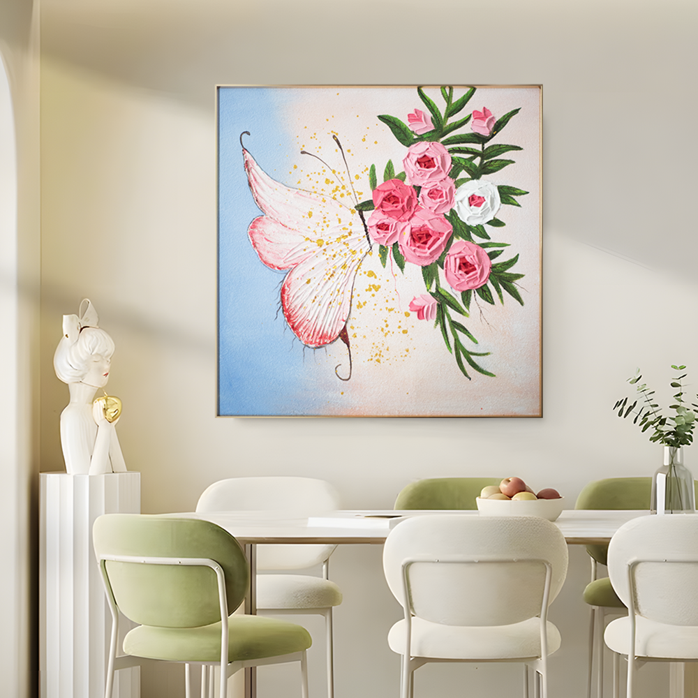 法式浪漫粉色手工油画高级肌理感卧室挂画客厅餐厅装饰画蝴蝶8080