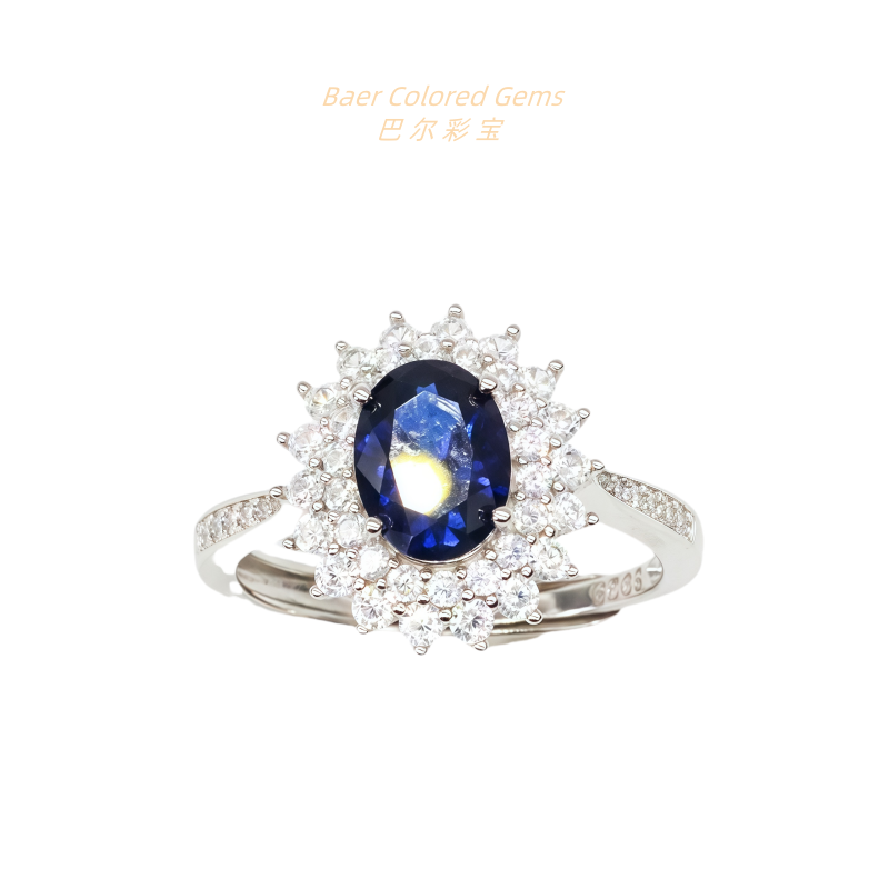 培育蓝宝石皇家蓝轻奢豪镶满钻时尚设计款气质精致蓝宝石戒指1525