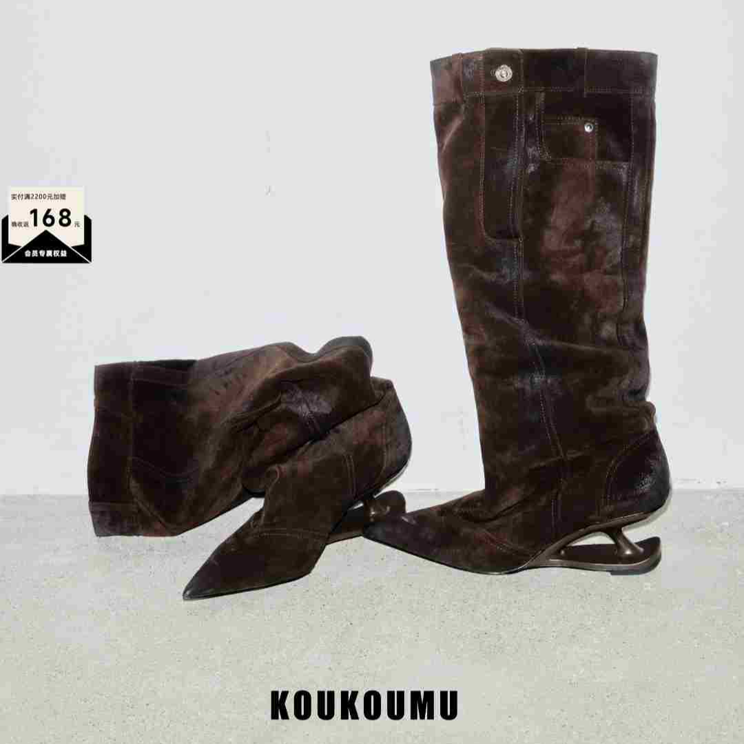 KOUKOUMU 悬浮跟秋冬复古磨砂小牛皮宽筒堆堆靴高跟长靴