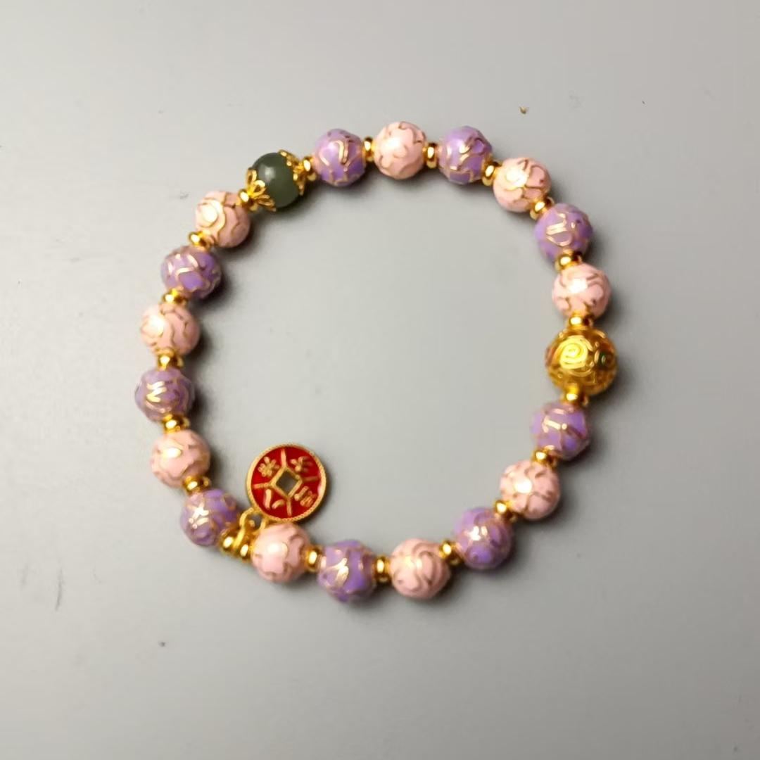 和田玉非遗手工珐琅景泰蓝手串（粉紫）