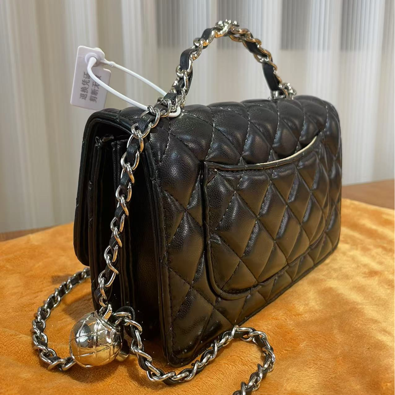 HIRMRIS手工真皮包CX192  琴小菱格链条香黑 银球