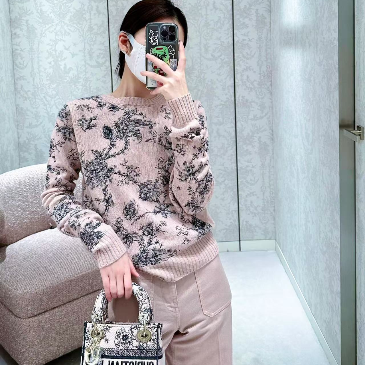 未使用 DIOR/迪奥 Dior 丛林刺绣针织毛衣 粉色/36