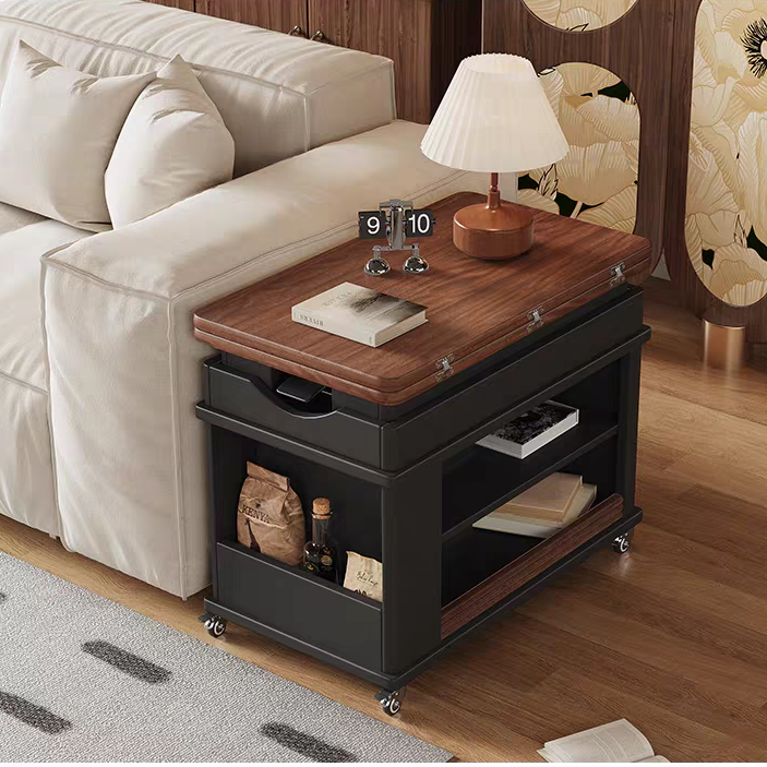 胡桃木实木多功能沙发边几可移动可折叠沙发边几升降折叠小推车