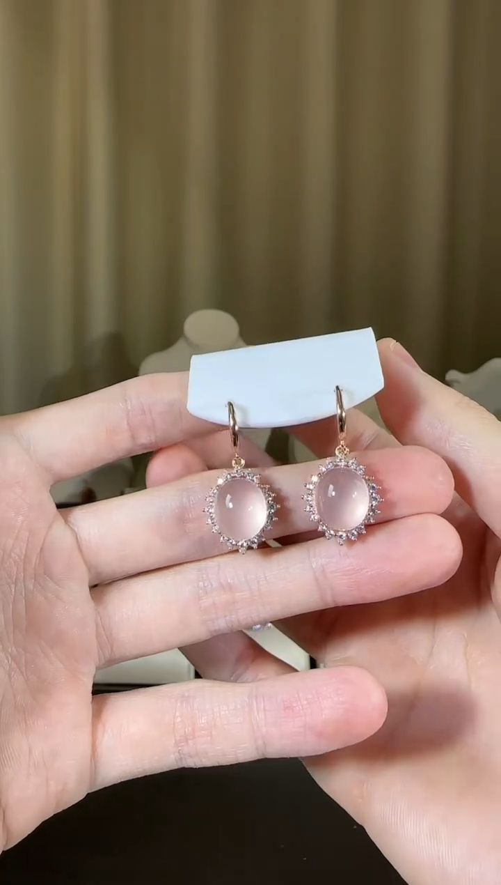 【闪购商品】芙蓉石耳饰银S925镶嵌10*12mm星光粉水晶耳钩