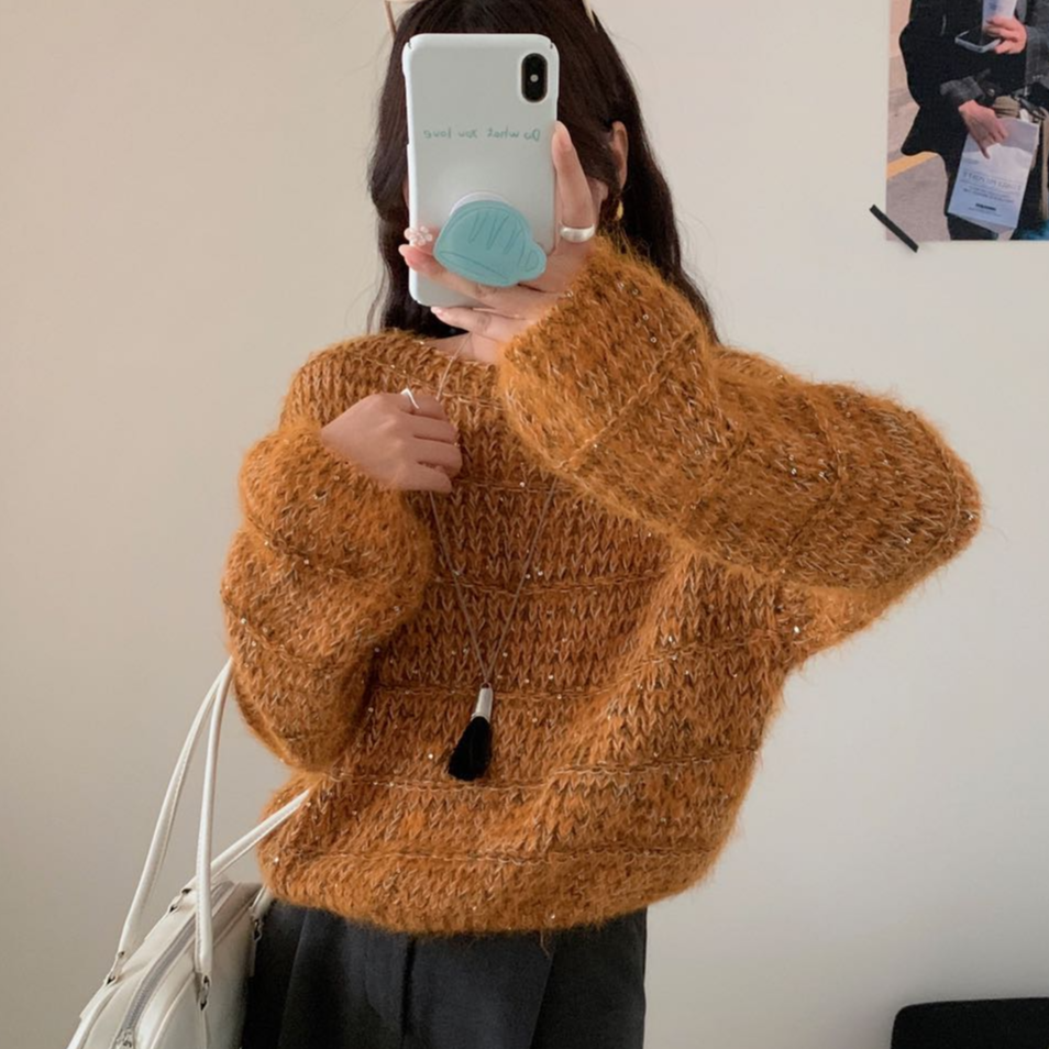 复古慵懒风紫色毛衣女秋冬季2025新款加厚宽松套头圆领针织衫上衣