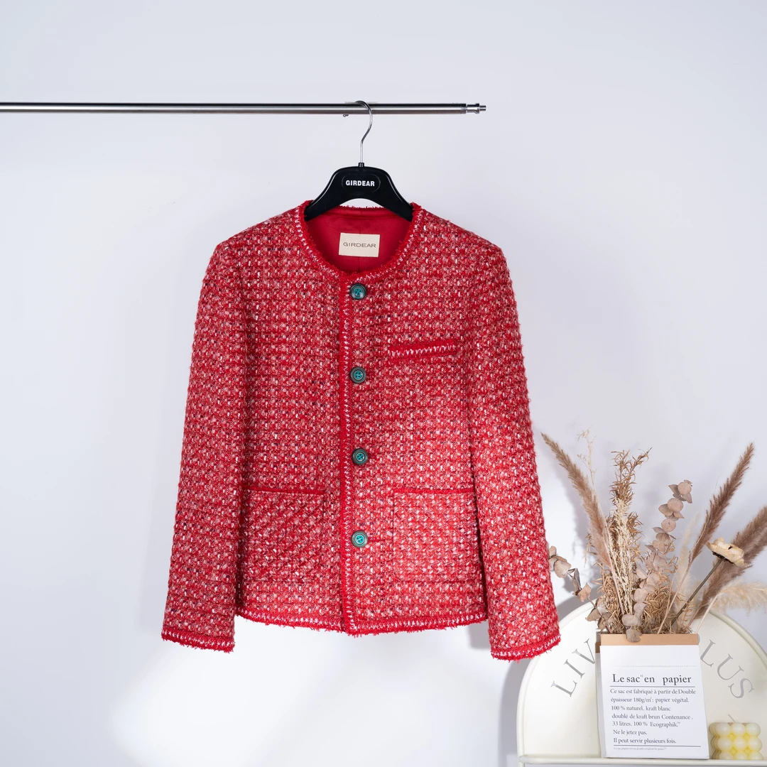 GIRDEAR/哥弟冬季新款小香风优雅气质百搭粗花呢保暖外套女140042