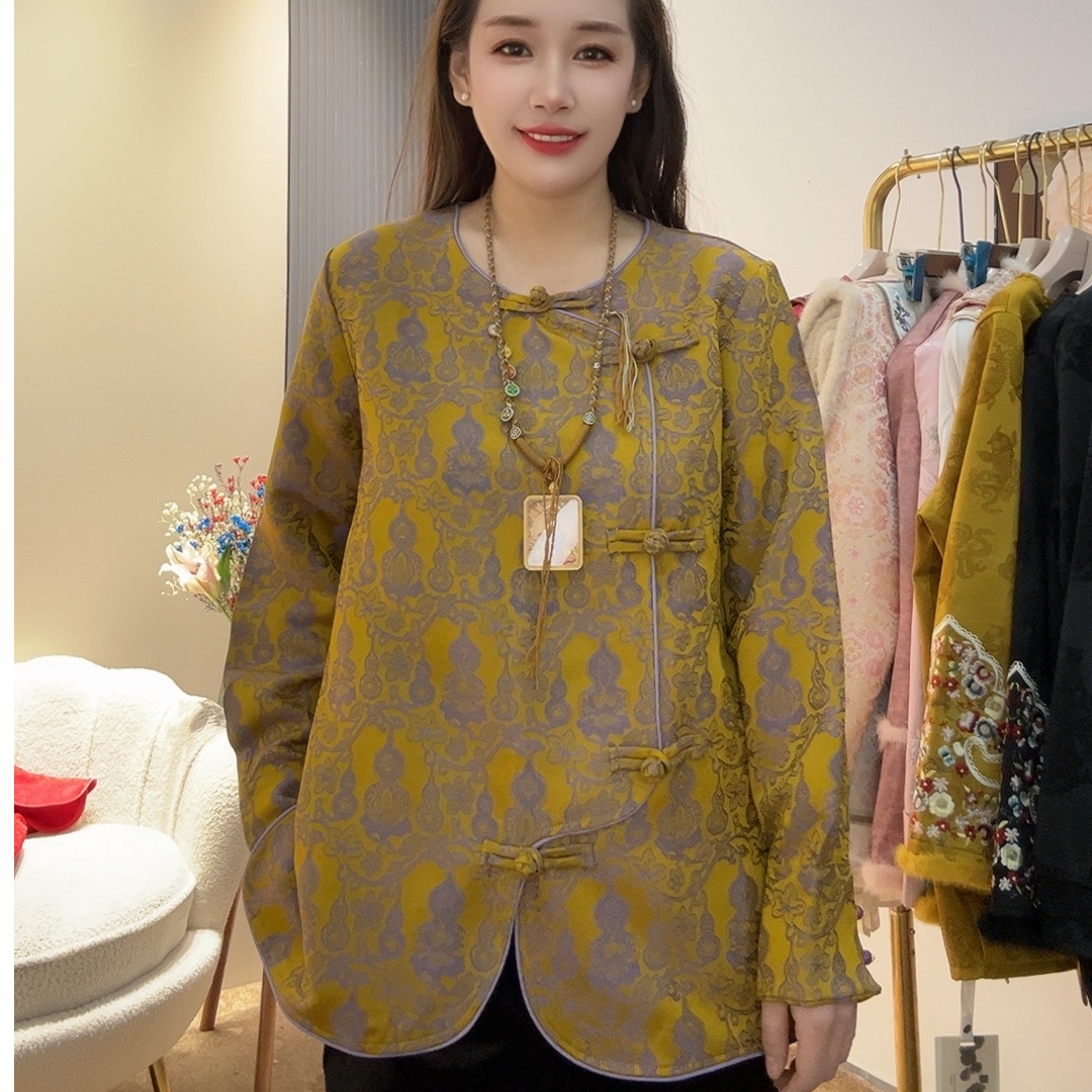 洛希时尚网红长袖复古提花新中式上衣8212