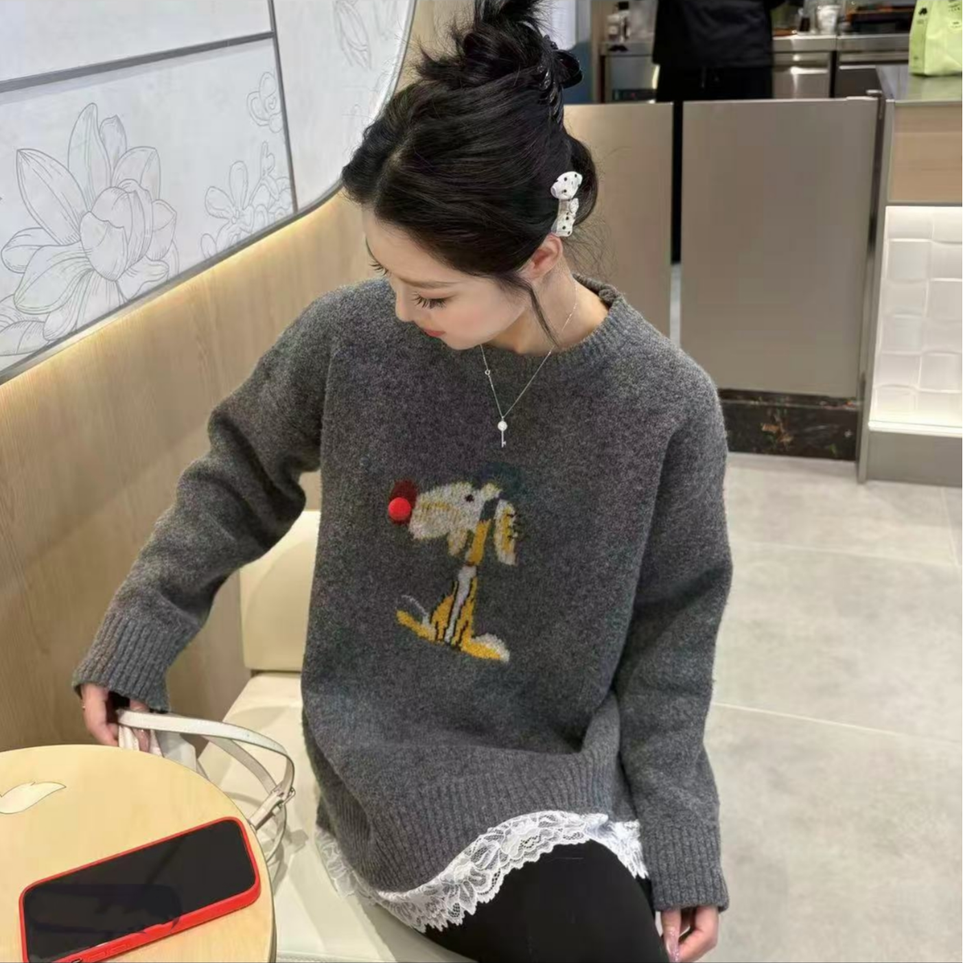 （柚子同款）MZ冬季红鼻子狗高级感针织蕾丝花边中长款加厚针织619