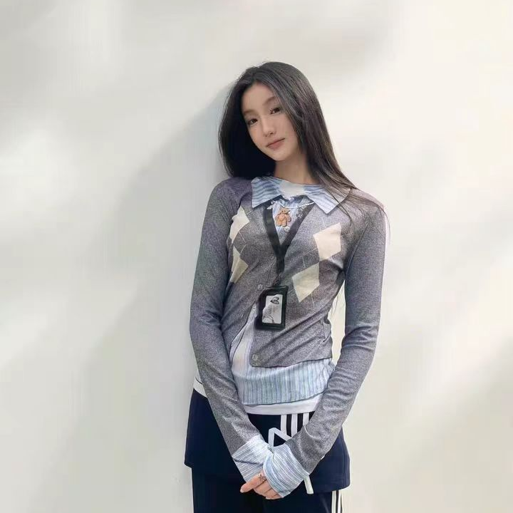 【D126】25早秋新品 趣味假两件3D印花工牌菱格打底衫