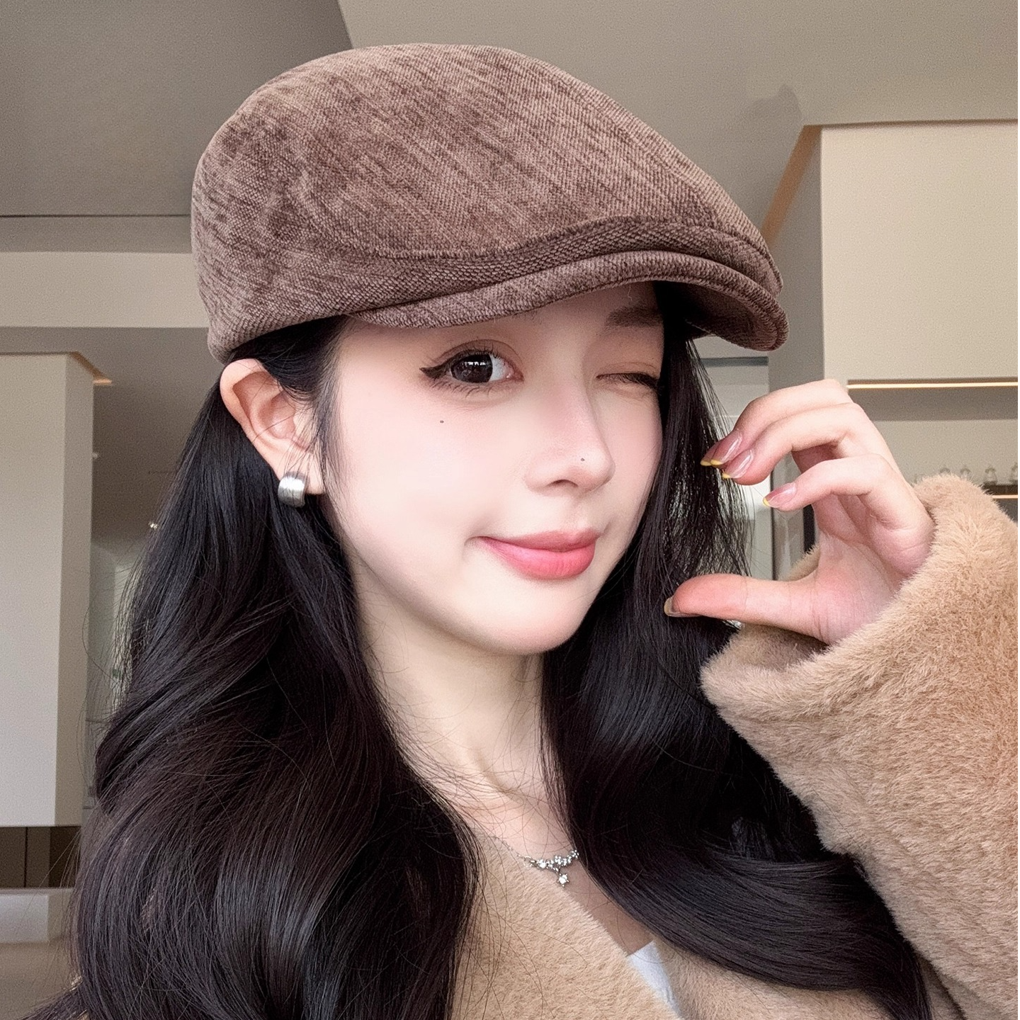 韩版复古雪尼尔前进帽女款秋冬季显脸小大头围帽子大头围显脸小