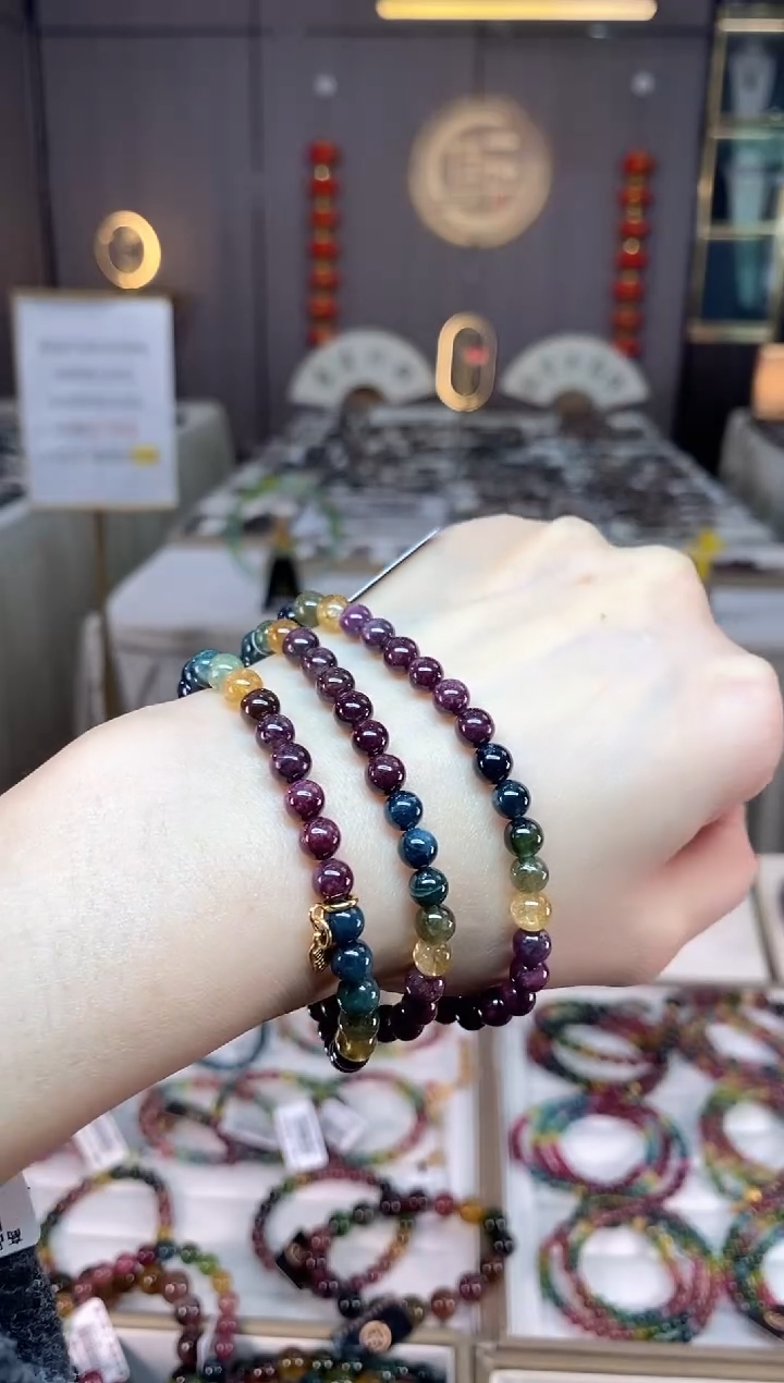 未镶嵌老矿碧玺色标彩虹三圈手串5mm+碧玺dan多样性发货一条