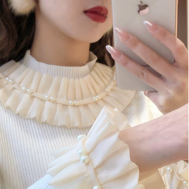 艾日秀时尚气质百搭木耳拼接重工钉珠设计感洋气针织打底衫 E4418