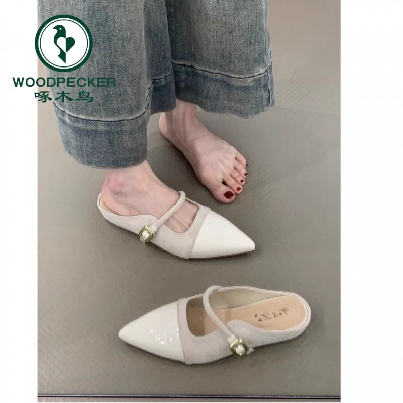 啄木鸟温柔仙女坡跟拖鞋女2025春夏季新款法式尖头浅口外穿凉拖鞋