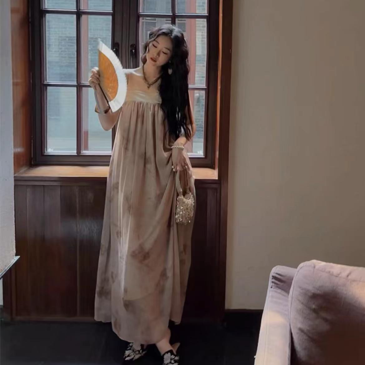 349 仙女气质新中式晕染一字领吊带连衣裙女夏季氛围感裙
