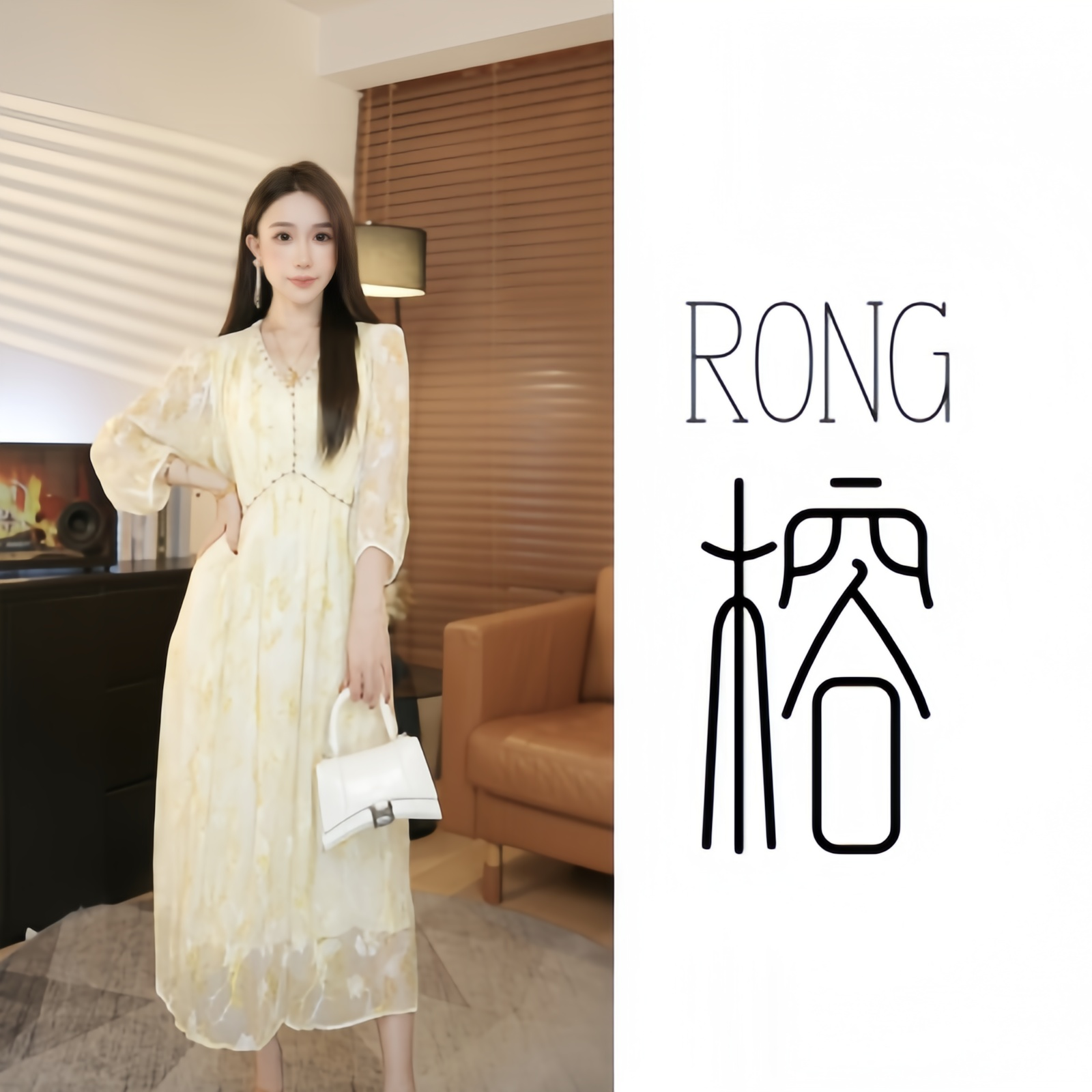 “裳玥丝绸”100%桑蚕丝蝴蝶刺绣V领大摆真丝女装时尚气质碎花C511