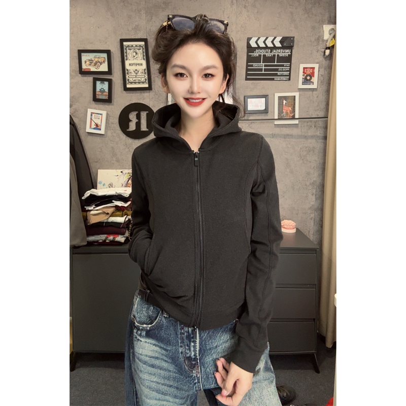 双面绒双拉链设计连帽外套女加绒加厚修身显瘦开衫上衣