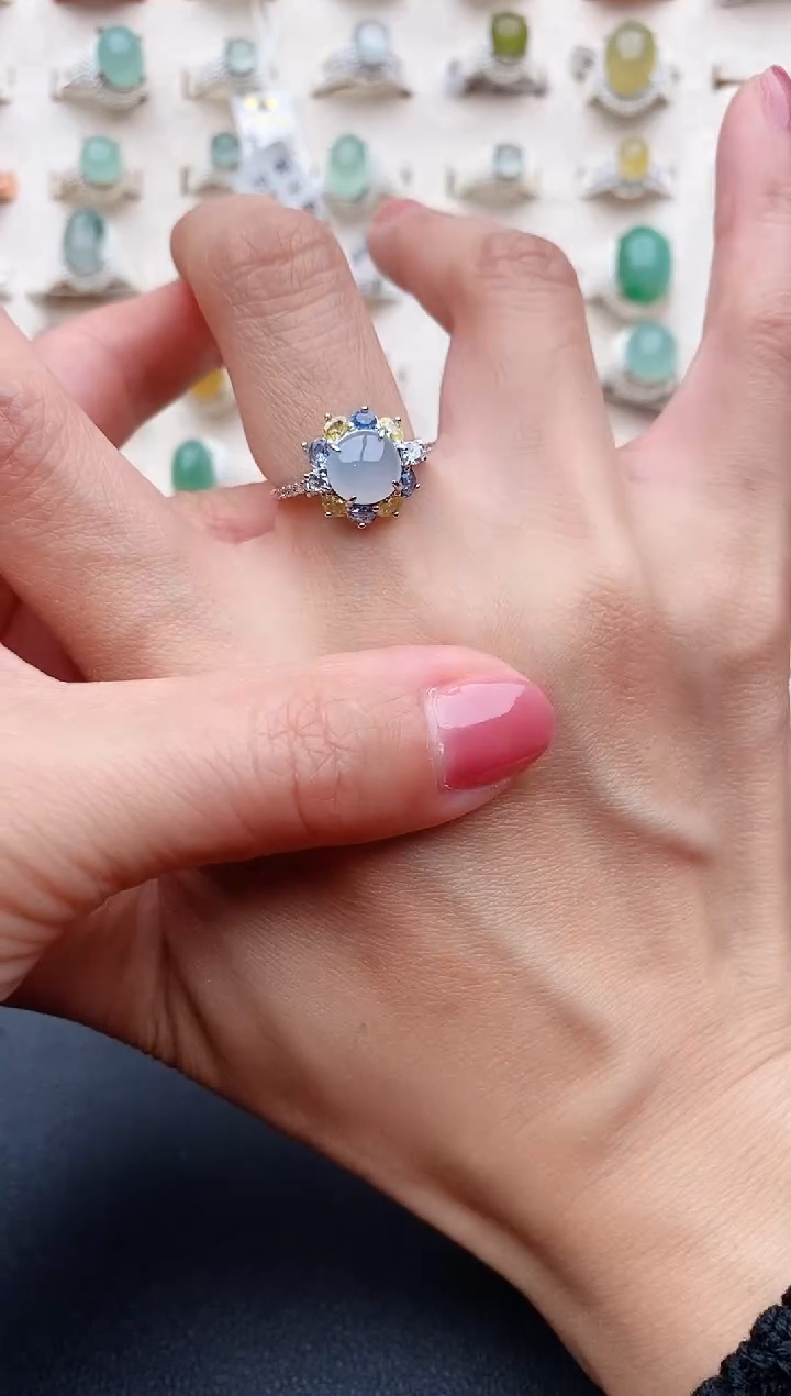 【闪购商品】翡翠戒指银S925镶嵌缅甸天然翡翠222   5-6