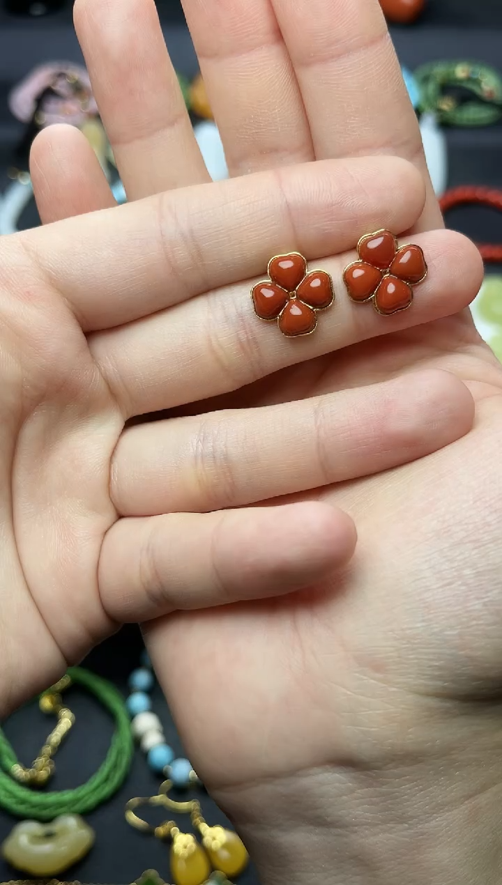 银S925镶嵌耳饰南红玛瑙南红耳钉06