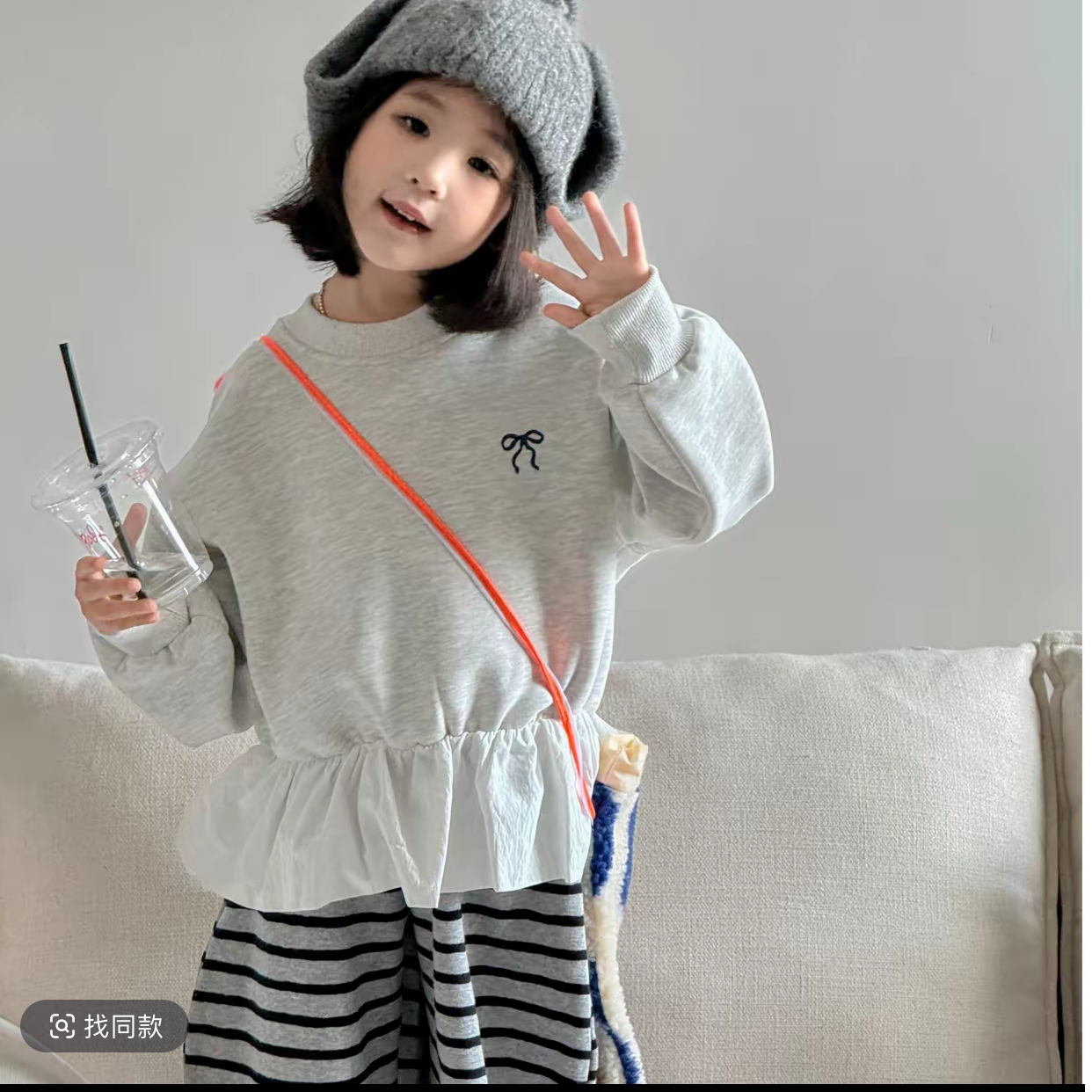 O555灰色一体绒卫衣童装/喵可