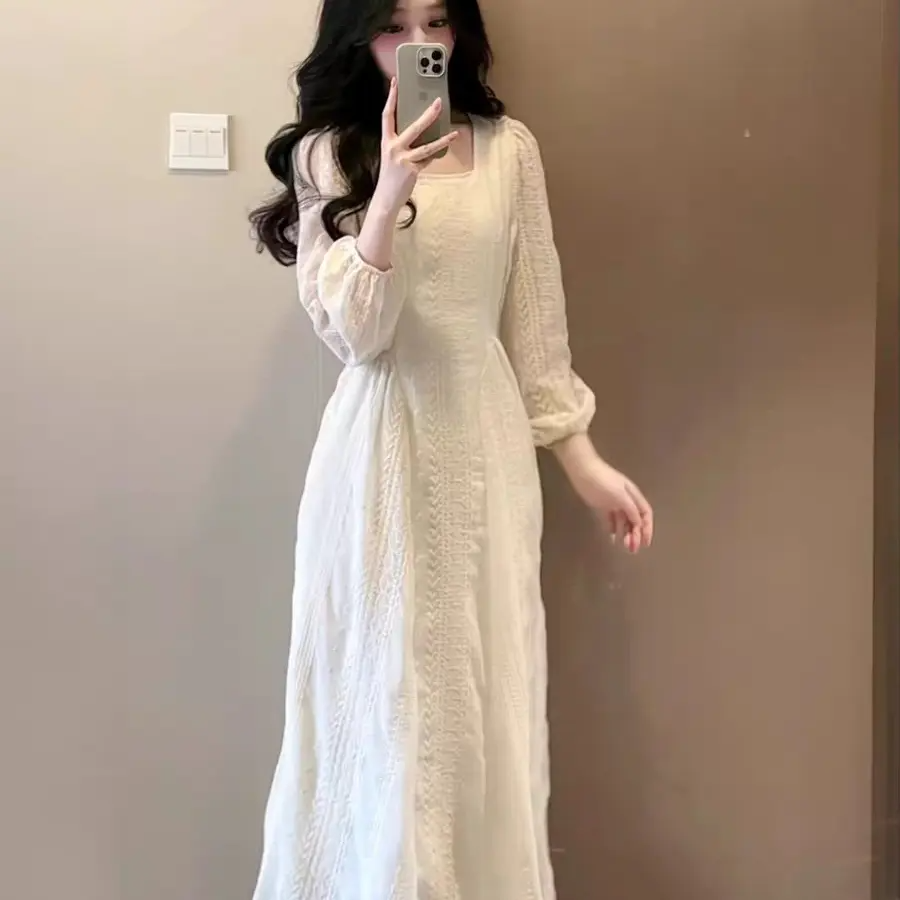 【F1027】秋冬季法式刺绣提花长袖方领连衣裙子新款大衣内搭高级感