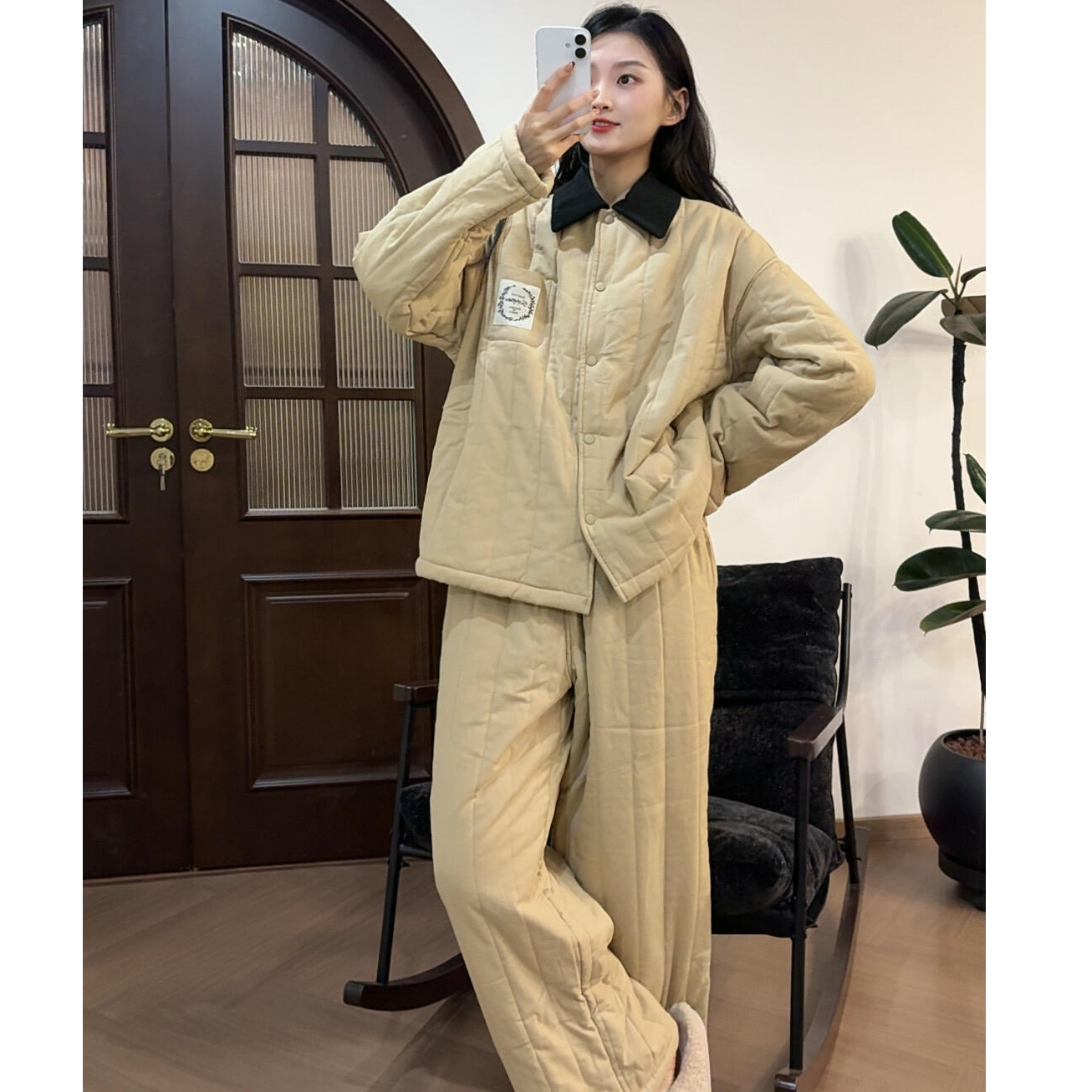 韩系简约少女纯色夹棉睡衣女冬季保暖加绒加厚家居棉服套装可外穿